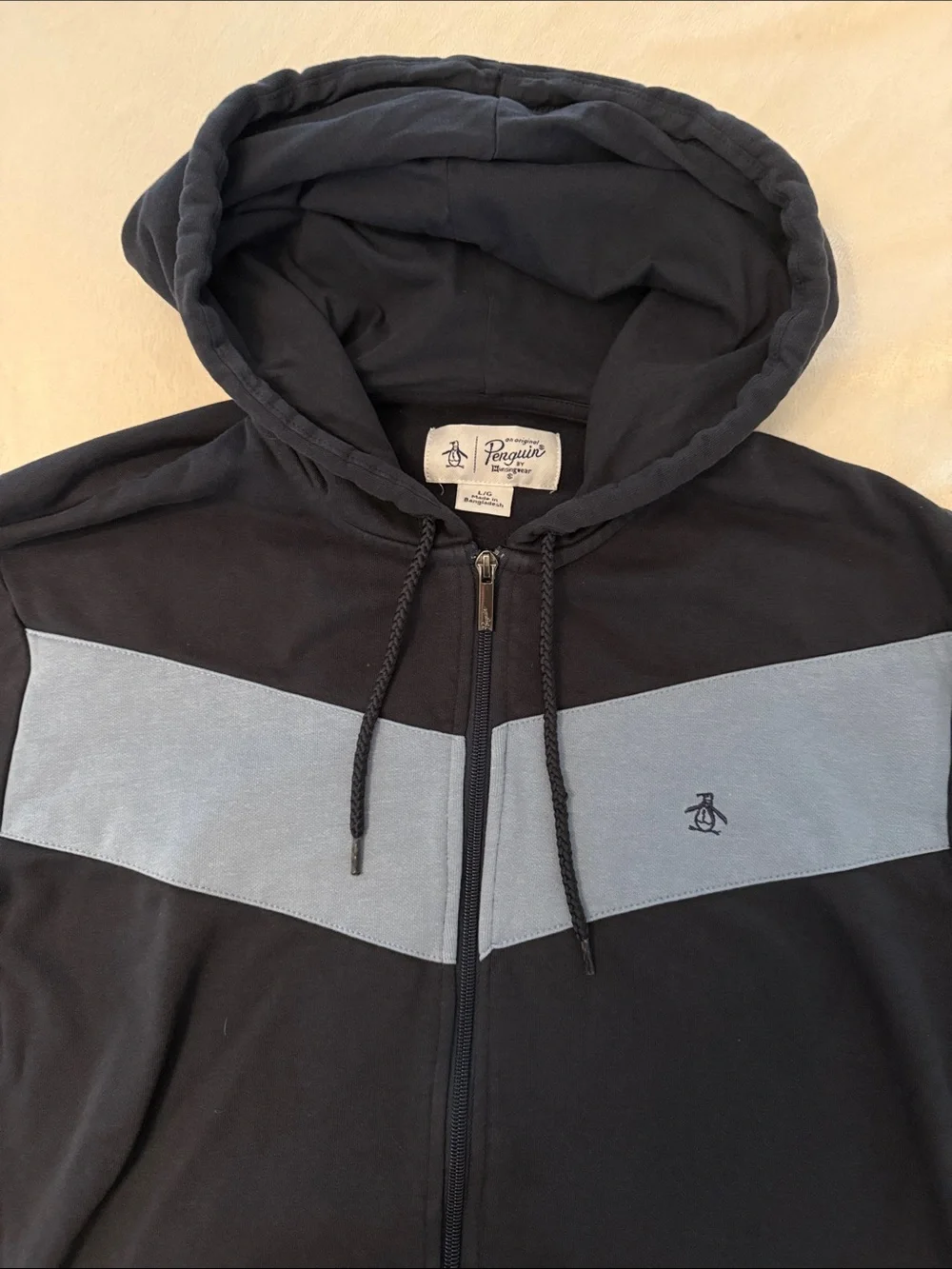 Original Penguin Navy Zip-Up Hoodie with Light Blue Chevron -Size Large